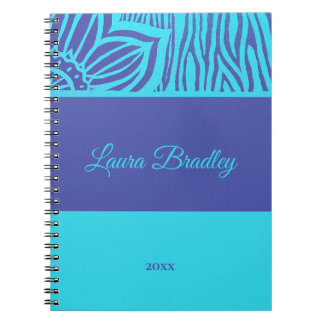 Blue & Indigo Floral Zebra Linocut Name & Year Notebook