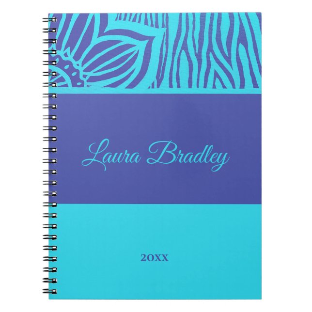 Blue & Indigo Floral Zebra Linocut Name & Year Notebook (Front)