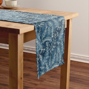 Blue Indigo Leaves Twigs Pattern Short Table Runner