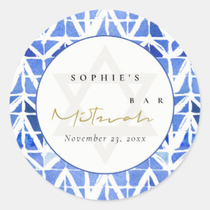 BLUE INDIGO WATERCOLOR CHEVRON BAR BAT MITZVAH CLASSIC ROUND STICKER