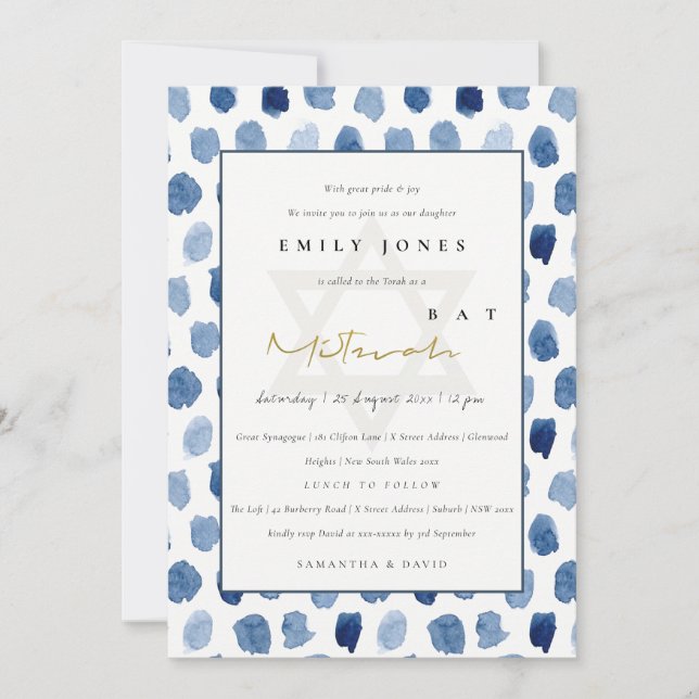 BLUE INDIGO WATERCOLOR DOTS BAT BAR MITZVAH INVITE (Front)