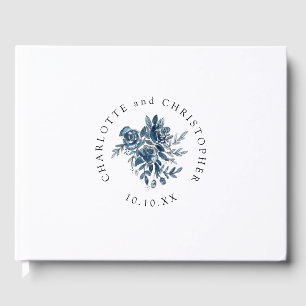 Blue indigo watercolor floral lineart wedding guest book