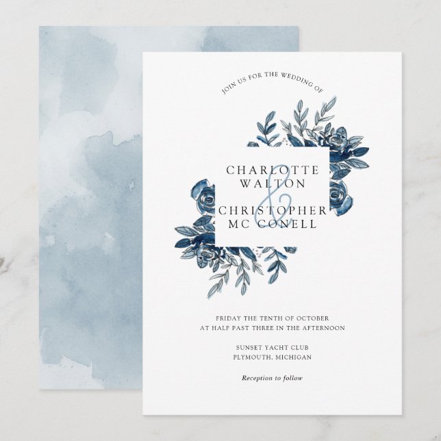 Blue indigo watercolor floral lineart wedding invitation (Front/Back)