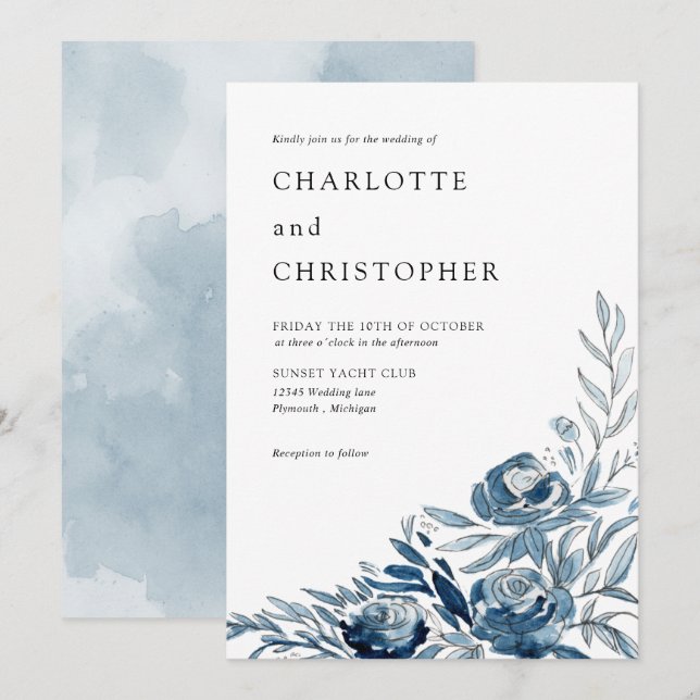Blue indigo watercolor floral lineart wedding invitation (Front/Back)