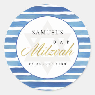 BLUE INDIGO WATERCOLOR STRIPES BAR BAT MITZVAH CLASSIC ROUND STICKER