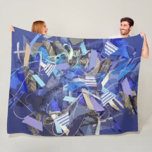 Blue indigo white grey abstract geometric stripes  fleece blanket