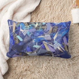 Blue indigo white grey abstract geometric stripes lumbar pillow