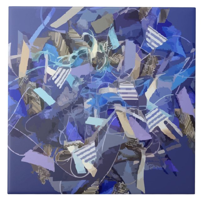 Blue indigo white grey abstract geometric stripes  tile (Front)