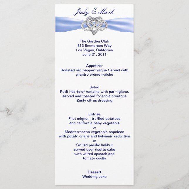 Blue Infinity Heart Wedding Menu Card (Front)