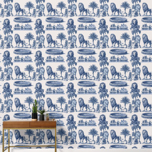 Blue Ink Lions and Savannah Wallpaper