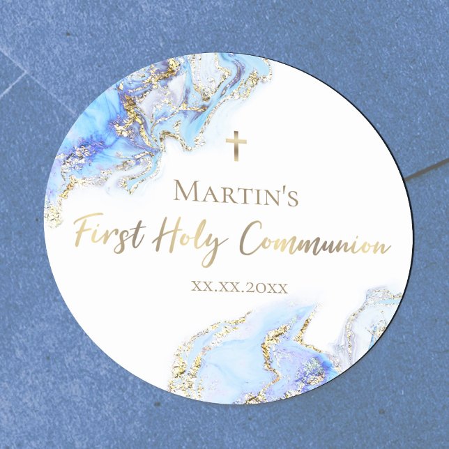 blue ink marble First Holy Communion  Classic Round Sticker (Creator Uploaded)