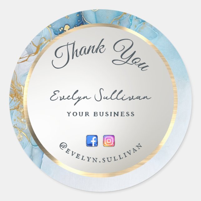 blue ink marble thank you classic round sticker (Front)