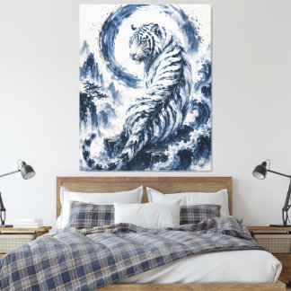 Blue Ink White Tiger – Oriental Brush Style Tiger  Canvas Print