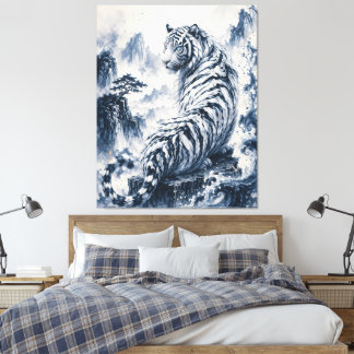 Blue Ink White Tiger – Oriental Brush Style Tiger  Canvas Print