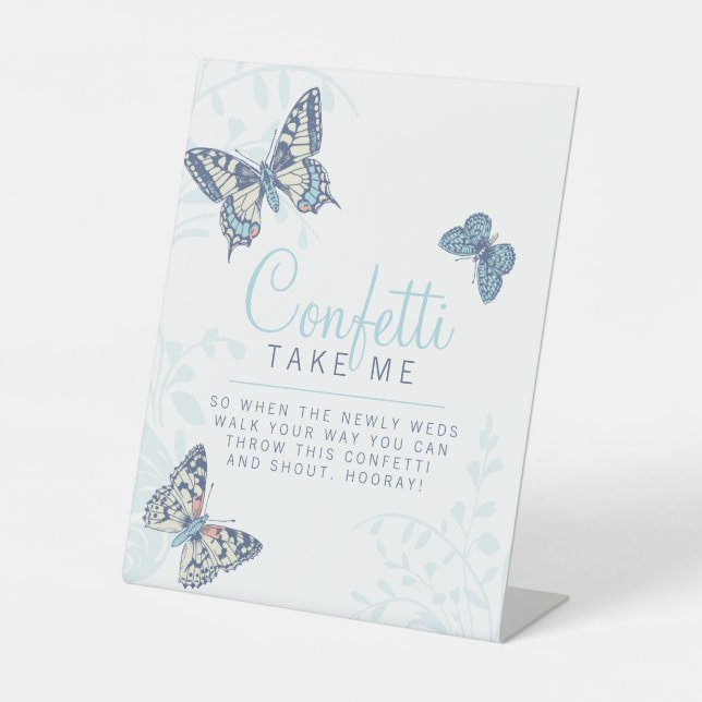 Blue inked butterflies wedding confetti sign (Front)