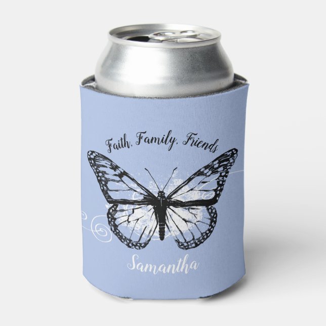 Blue Inspirational Monarch Butterfly Monogram Can Cooler (Can Front)