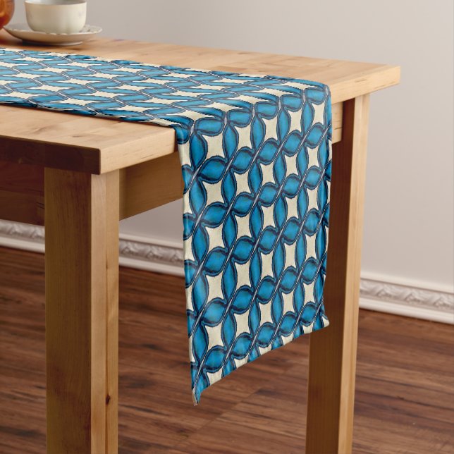 Blue Interlocking Abstract Geometric Pattern 1316 Short Table Runner (In Situ)