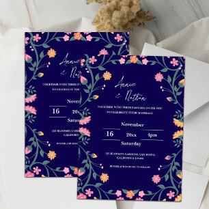 Blue Intricate Floral Frame Wedding Invitation