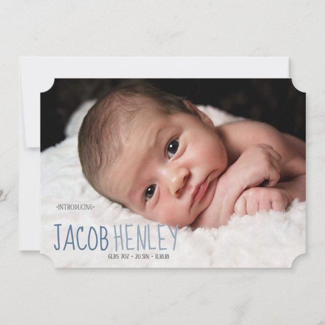 Blue Introducing Script Birth Announcement Card (Front)