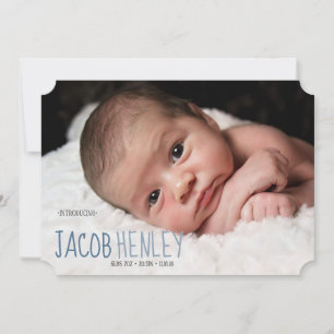 Blue Introducing Script Birth Announcement Card
