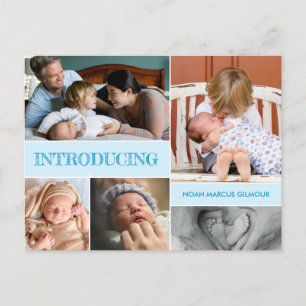 Blue introducing Second Baby Birth Photo Collage Announcement Postcard