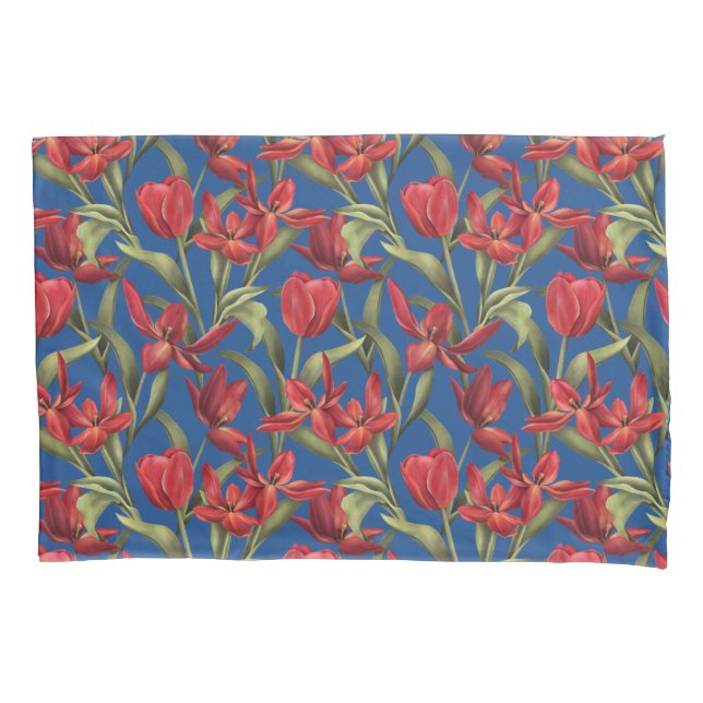 Blue Iolite background with Red Tulips Pillowcase (Front)