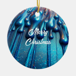 Blue Iridescent Liquid Drips Christmas Ceramic Ornament