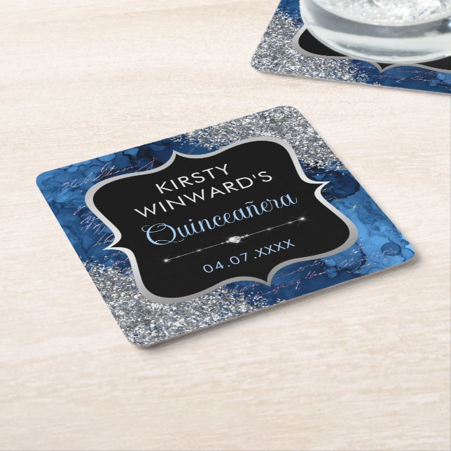 Blue Iridescent Mermaid Letters Quinceanera Square Paper Coaster (Angled)