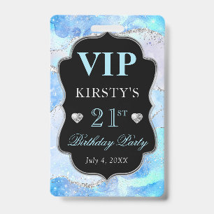 Blue Iridescent Silver Glitter Agate Birthday VIP Badge