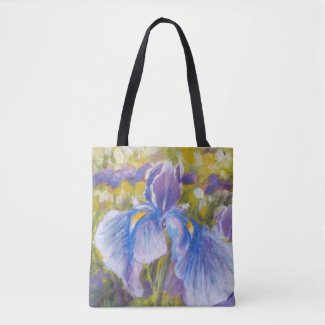 Blue Iris and Purple Lilies on Water Tote Bag