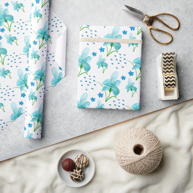 Blue Iris And wildflowers Watercolor Pattern Wrapping Paper (Crafts)