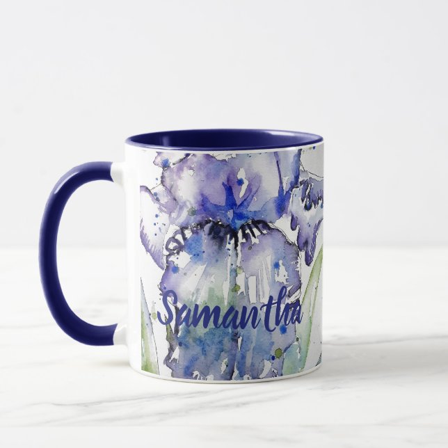 Blue Iris Art floral Aquarelle Fleur femmes Mug (Gauche)