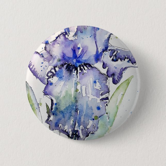 Blue Iris Art floral Watercolor Flower Art 2 Inch Round Button (Front)