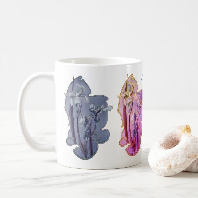 Blue Iris Floral Art 2 Personalized  Coffee Mug (With Donut)