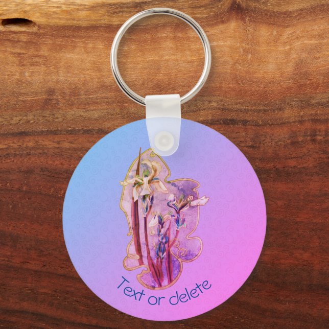 Blue Iris Floral Art Personalized Keychain (Front)