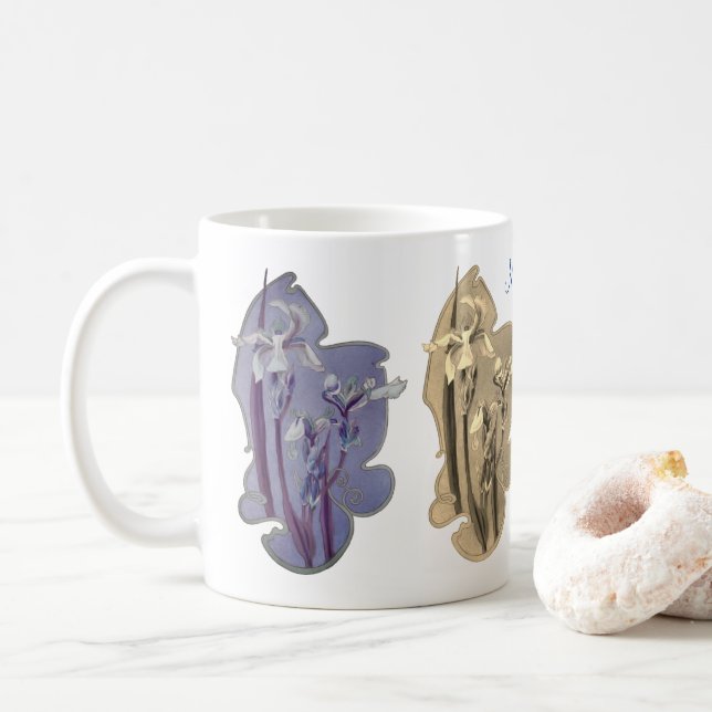 Blue Iris Floral Art Sepia Personalized  Coffee Mug (With Donut)