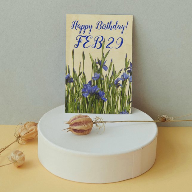 Blue Iris Floral Leap Day Birthday Card (In Situ)