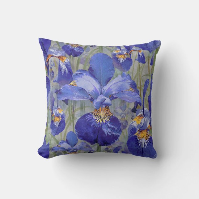 Blue Iris Floral Pattern Throw Pillow (Front)