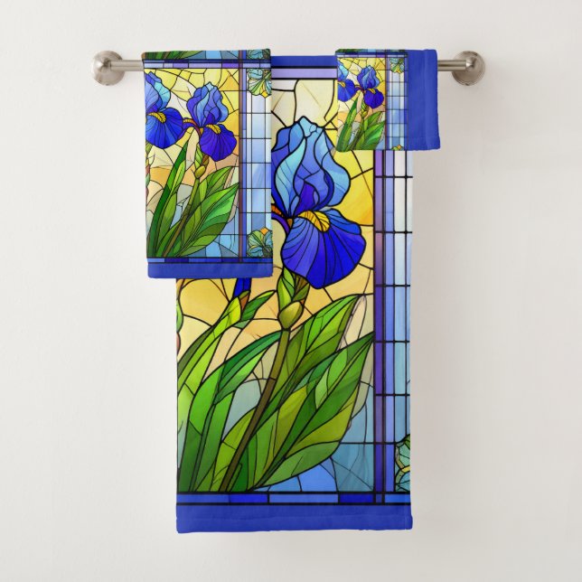 Blue Iris Floral Stained Glass Towel Set (Insitu)