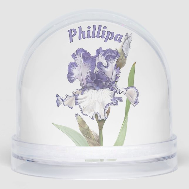 Blue Iris Flower Botanical Art Personalized Snowglobe (Front)
