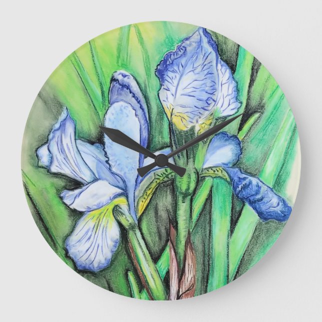 Blue Iris Flower Original Art Drawing Floral  Large Clock (Front)