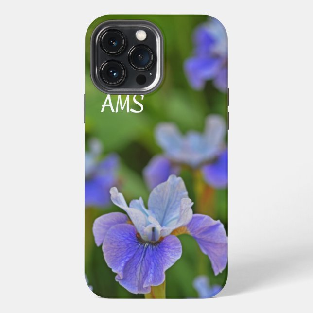 Blue Iris Flower Portrait Personalized Initials  iPhone Case (Back)