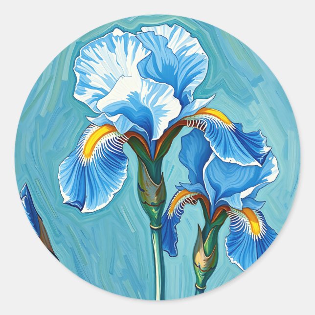 Blue Iris Flowers Artistic Pattern Classic Round Sticker (Front)