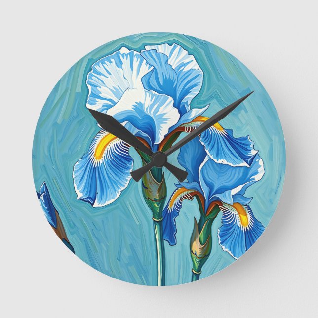 Blue Iris Flowers Artistic Pattern Round Clock (Front)