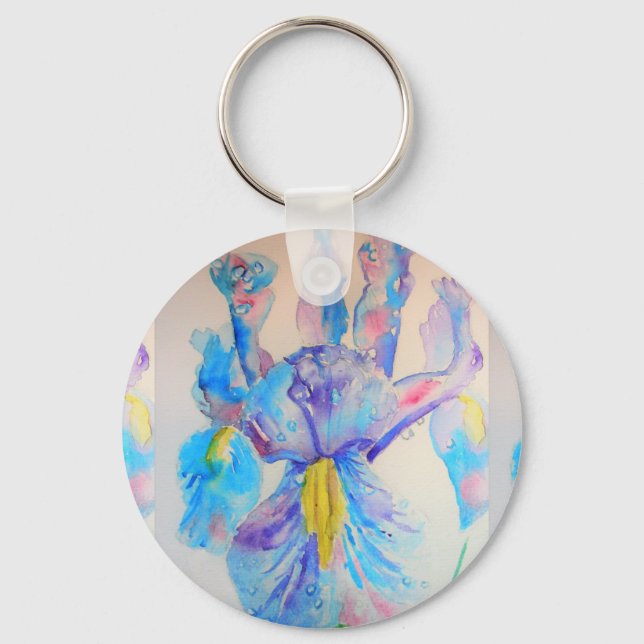 Blue Iris Flowers Floral Watercolor Art Key Ring (Front)