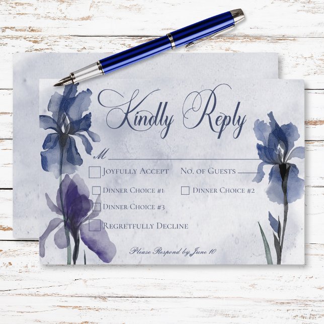 Blue Iris Flowers Modern Blue Wedding Dinner RSVP Card (Blue Iris Flowers Modern Blue Wedding Dinner RSVP Card)