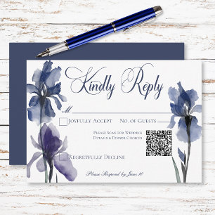 Blue Iris Flowers Modern Wedding QR Code RSVP Card