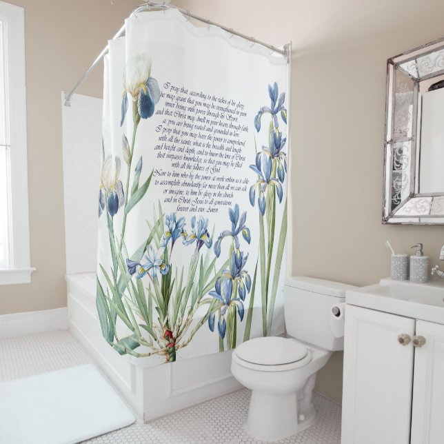 Blue Iris Flowers Prayer Floral Shower Curtain (In Situ)