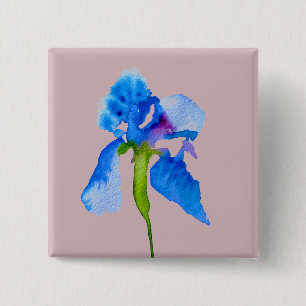 Blue Iris modern floral watercolor art 2 Inch Square Button