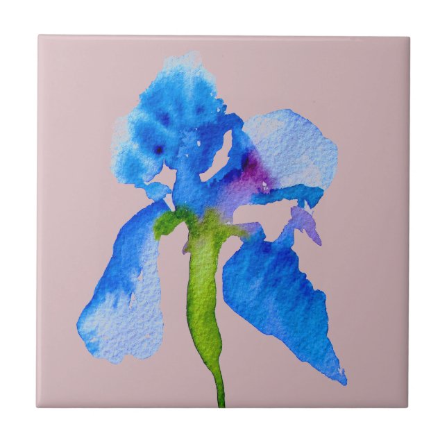 Blue Iris modern floral watercolour art Tile (Front)